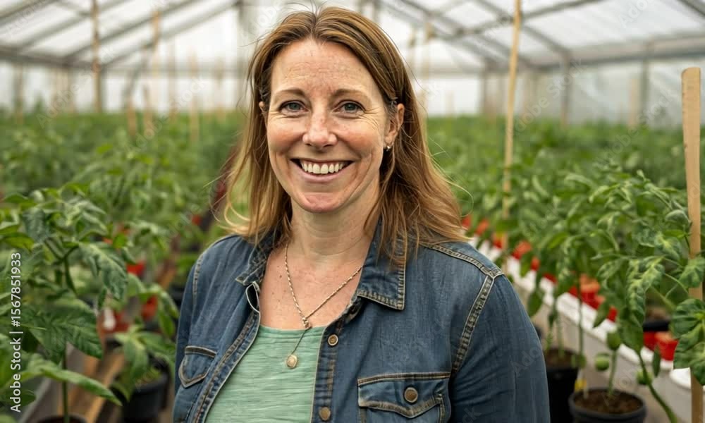Woman in denim shirt standing in greenhouse with rows of tomato plants and metal support structure Woman in denim shirt standing in greenhouse with rows of tomato plants and metal support structure