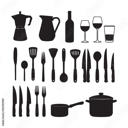 Black Silhouettes Kitchen Utensils Cookware Wine Glasses Serving Dishes White Background Collection