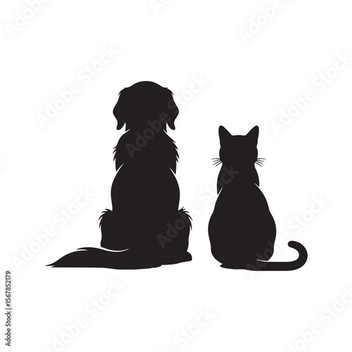 Black Silhouettes of a Golden Retriever Dog and a Domestic Cat Sitting Sideby Side Back View Simple Pet Graphic Design Element