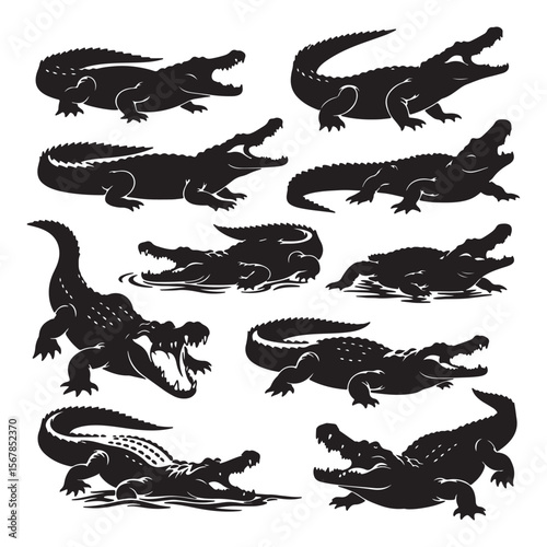 Black silhouettes of alligators in various poses and actions crocodile reptile