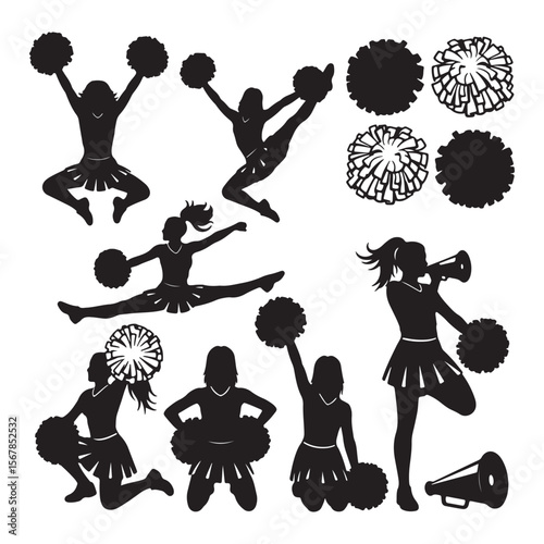 Black Silhouettes of Cheerleaders Performing Various Stunts and Poses Holding Pom Poms and a Megaphone