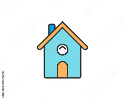 Cute cartoon blue house with orange roof and door isolated on white background