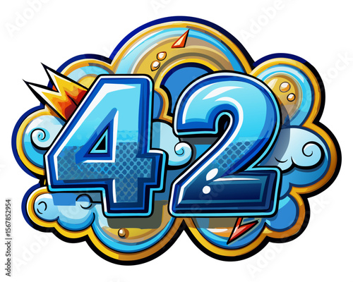 Stylized number 42 with clouds and lightning bolts isolated on white background