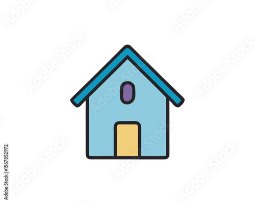 Simple blue cartoon house with yellow door and purple window isolated on white background