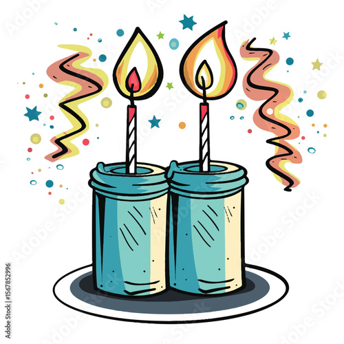 Two Colorful Birthday Candles in Cylindrical Containers on a Plate