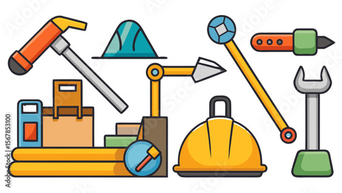 Collection of construction and industrial tools and equipment isolated on white background