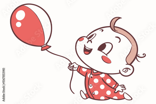Vector cute Baby Boy cartoon character, with a playful wink and a cheeky grin, wearing a red and white polka dot shirt and holding a balloon, in a mischievous, charming style, isolated on white backgr