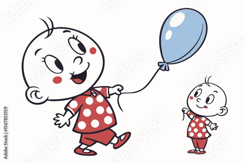 Vector cute Baby Boy cartoon character, with a playful wink and a cheeky grin, wearing a red and white polka dot shirt and holding a balloon, in a mischievous, charming style, isolated on white backgr