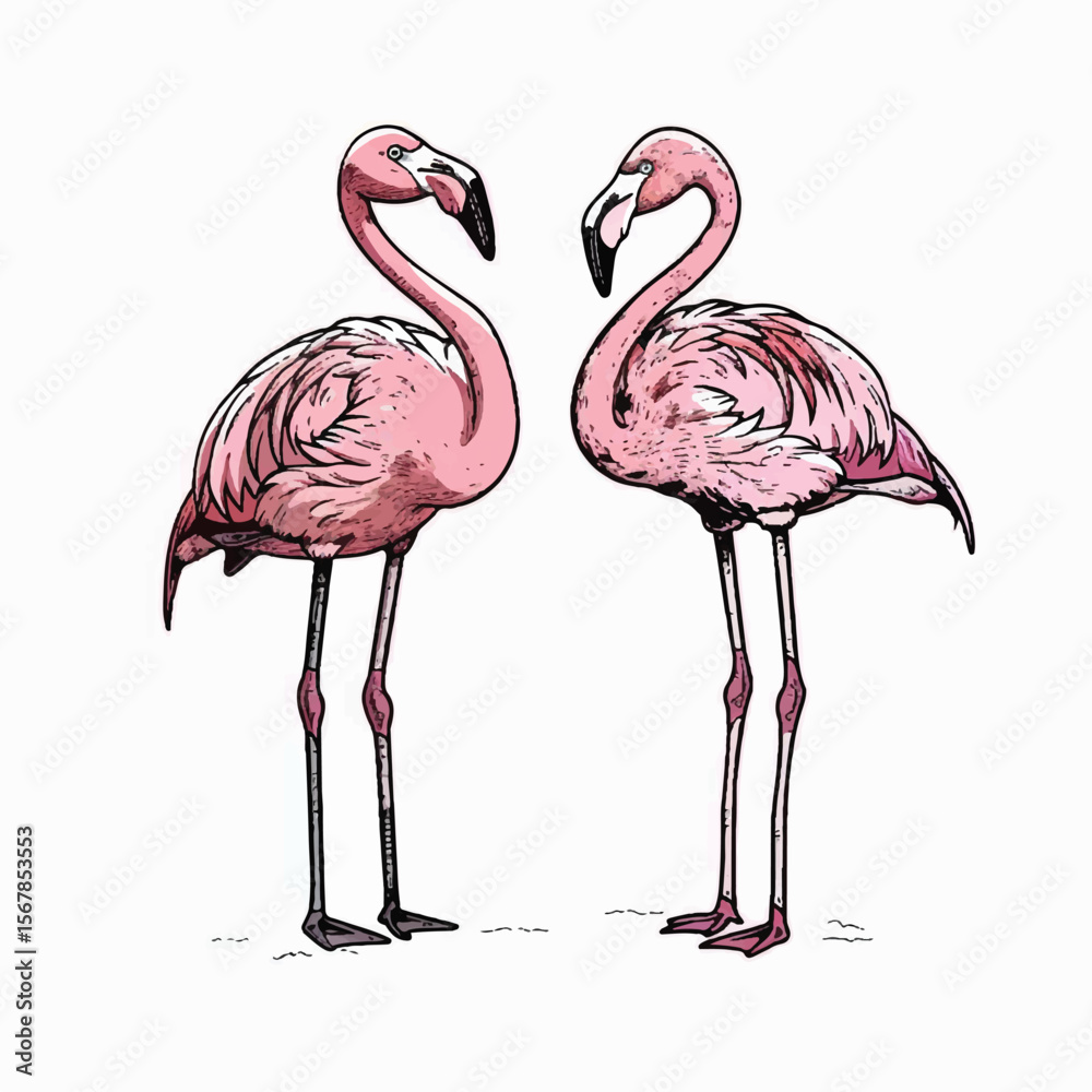 Obraz premium Two Elegant Pink Flamingos Facing Each Other with Detailed Outlines