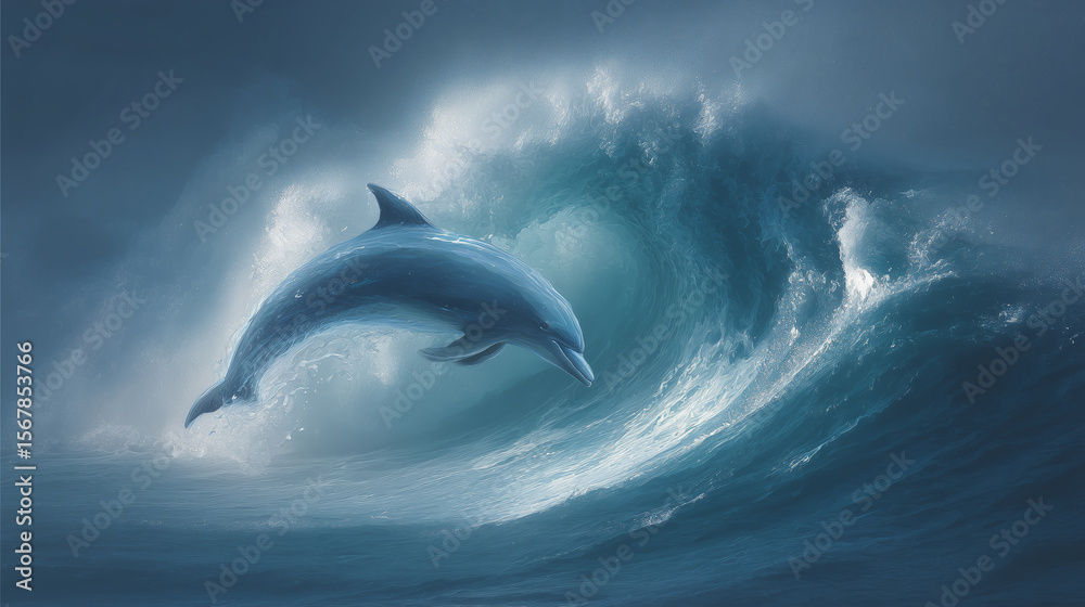 Fototapeta premium A crashing wave forming the shape of a leaping dolphin mid-air