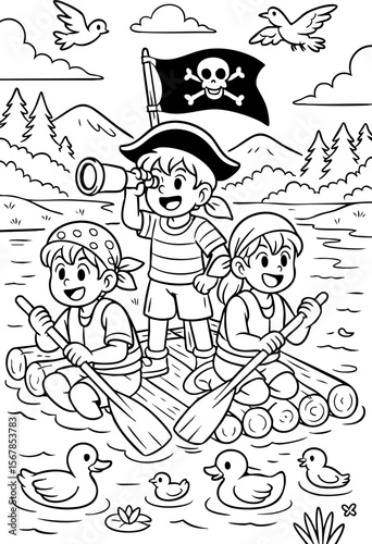 Coloring page of kids dressed as pirates on a wooden raft with a skull flag, rowing on a lake surrounded by ducks, birds, mountains and trees. Fun adventure scene for children.
