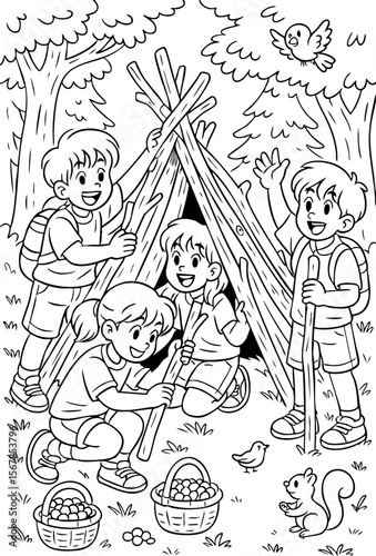 Coloring page of kids building a wooden tent in forest, surrounded by baskets of berries, a bird and a squirrel. Fun camping scene that sparks outdoor adventure and teamwork.

