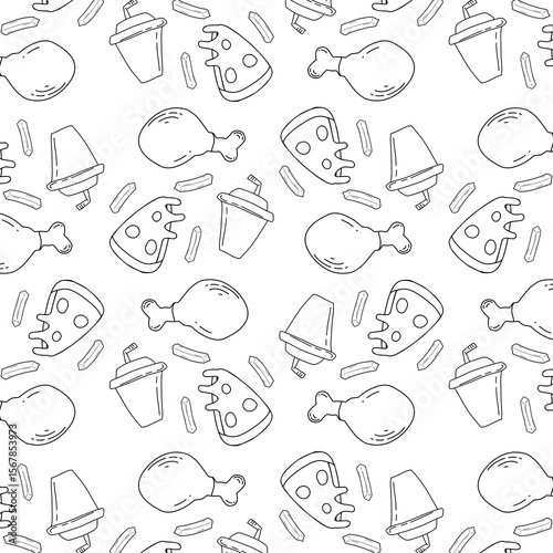 Seamless vector pattern featuring outline fast food items like fried chicken, pizza, milkshakes, and french fries, perfect for restaurant branding and food-related designs