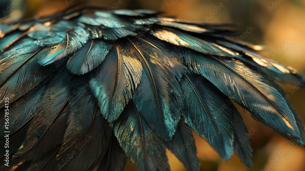 Fototapeta premium Close-up of iridescent, teal-gold bird wing feathers, sunlit, soft focus