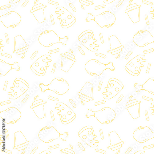 Seamless vector pattern featuring outline fast food items like fried chicken, pizza, milkshakes, and french fries, perfect for restaurant branding and food-related designs