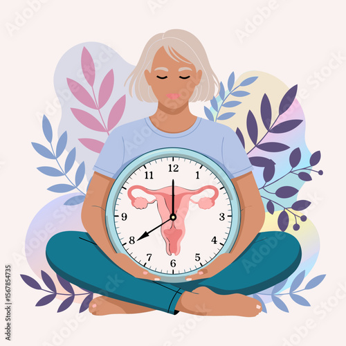 Grandfather clock vector with serene woman meditating, holding a uterus clock symbolizing biological time. Suitable for healthcare or wellness designs.