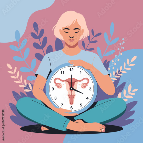 Grandfather clock vector with serene woman meditating, holding a uterus clock symbolizing biological time. Suitable for healthcare or wellness designs.
