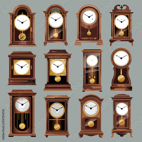 Grandfather clock vector featuring twelve antique wooden clocks in various styles. Perfect for vintagethemed designs or timerelated projects.