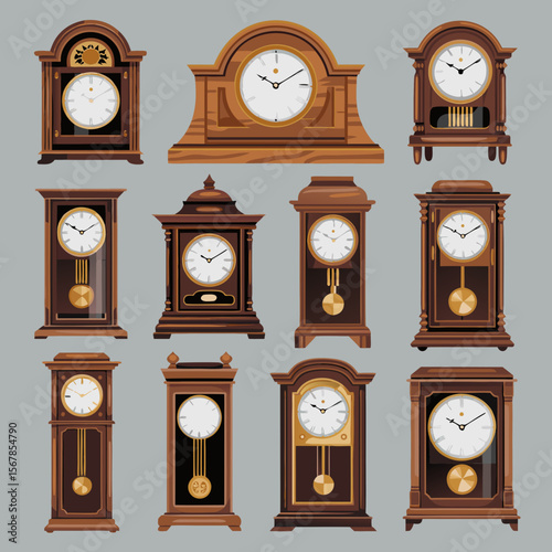 Grandfather clock vector featuring twelve antique wooden clocks in various styles. Perfect for vintagethemed designs or timerelated projects.