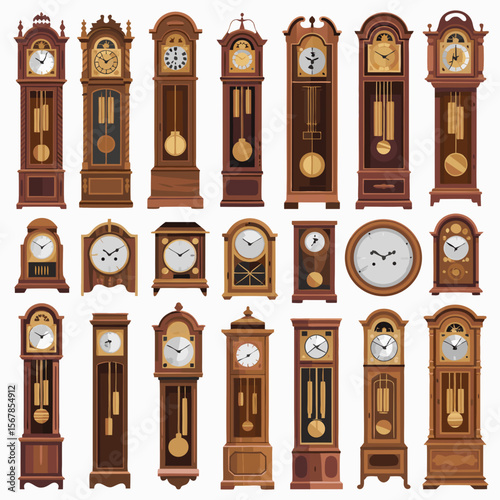 Grandfather clock vector featuring twenty antique clocks in a collectible style. Great for vintage decor or clockrelated designs.
