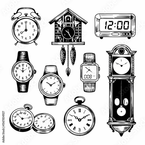 Grandfather clock vector with timekeeping devices in monochrome. Suitable for design, print, or digital projects needing a vintage vibe.