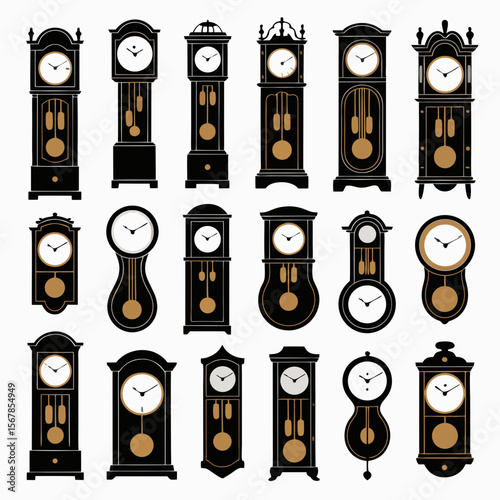 Grandfather clock vector with diverse black and gold designs, suitable for elegant branding, home decor, and antiquethemed projects.
