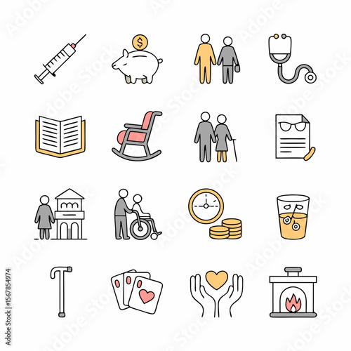 Grandfather clock vector icons for elderly care and retirement, suitable for illustrations, infographics, and presentations about senior living.