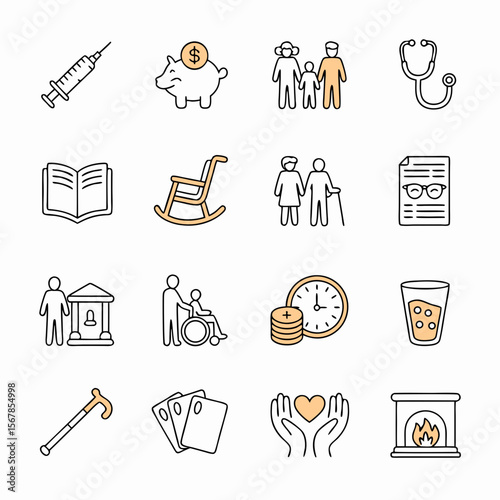 Grandfather clock vector icons for elderly care and retirement, suitable for illustrations, infographics, and presentations about senior living.