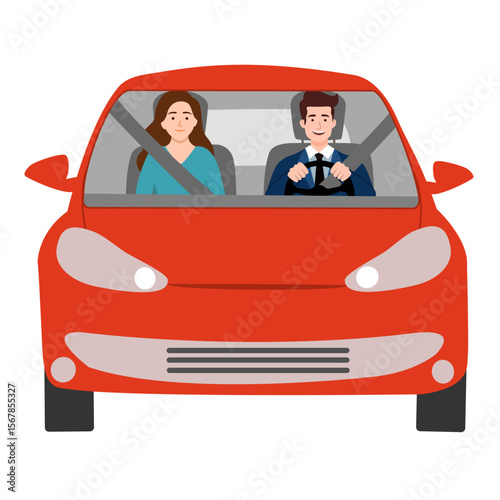 Couple driving red car illustration. Man and woman characters sitting on front seats of automobile, going on family road trip. Husband and wife driving auto isolate on blue background