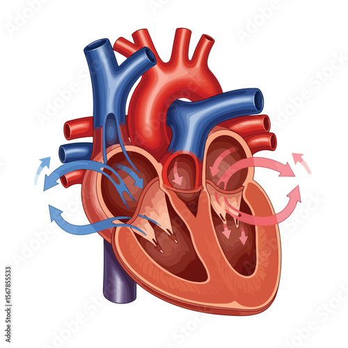 A Human Heart Anatomy Diagram with Blood Flow Arrows vector art 