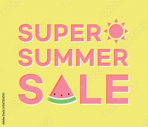 Bright summer sale banner with playful typography, sun and watermelon icons, on vibrant yellow for seasonal promotions and retail discounts.