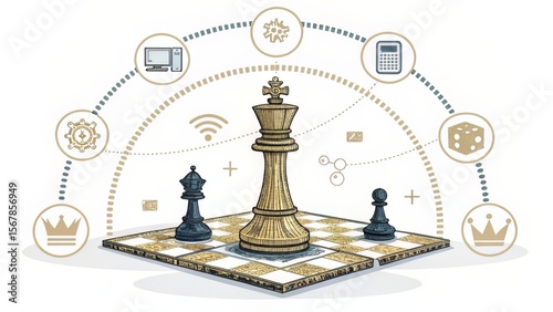 Tech Dominance – Crowned Chess Piece with Orbiting Digital Icons