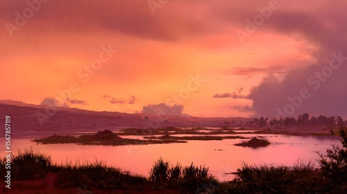 Sunset landscape on ancient Mars with rain and lake