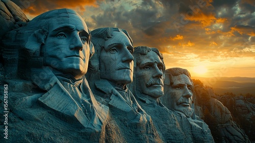 Iconic mountain carving of US presidents at sunrise