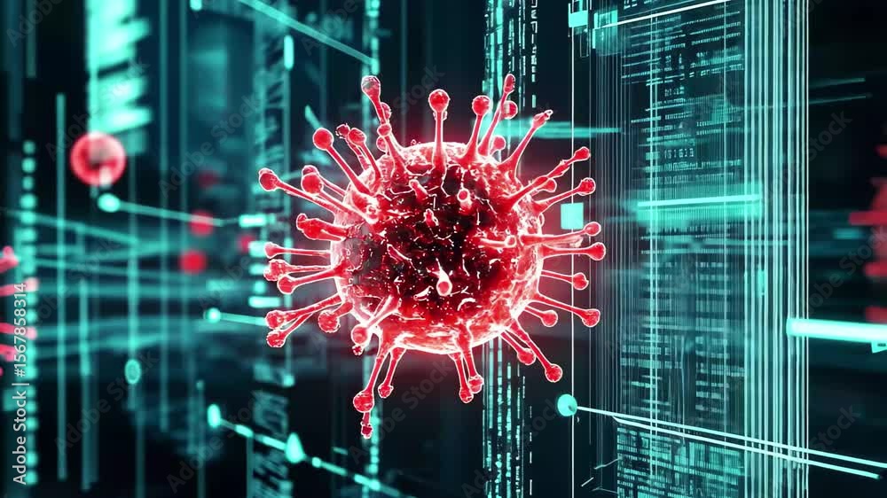 Intricate patterns of a virus illuminated in a digital landscape showcasing cellular structures, Showcase the intricate patterns and structures of a computer virus attacking a database