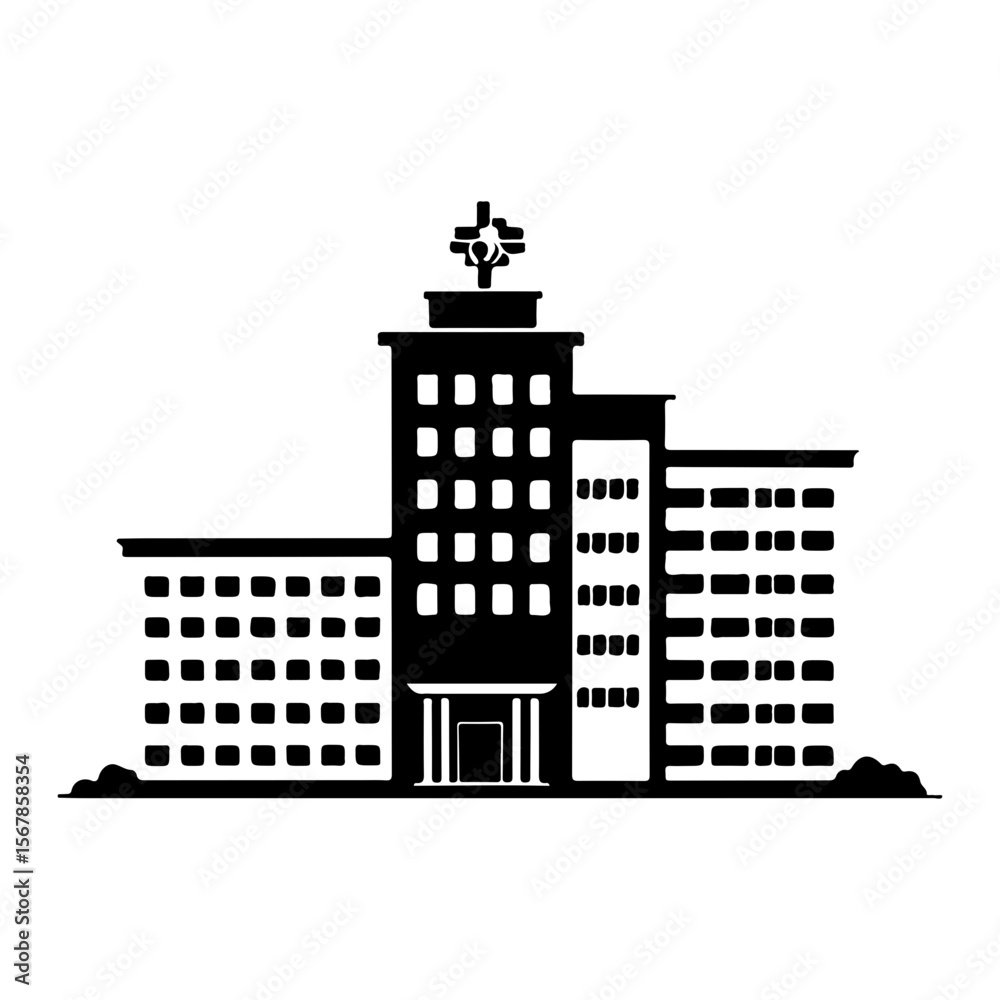 Black and white vector illustration of a hospital building design