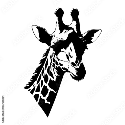 Striking black and white illustration of a giraffe head with distinctive patterns