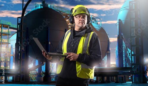 Industrial engineer in safety gear with laptop inspecting gas plant facility at sunset, checking operations and equipment. — Industry. Engineering. Gas production.