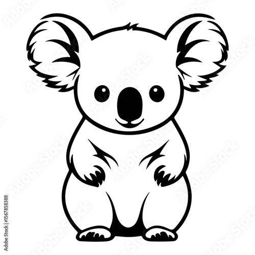 Cute Koala Bear Standing Up, Cartoon Style Black and White Illustration