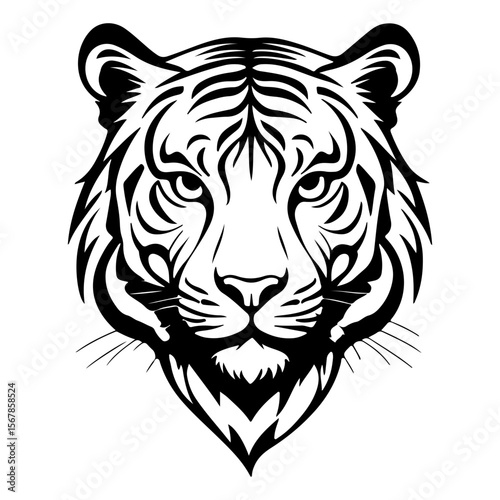Striking monochrome tiger head with detailed stripes and fierce expression staring