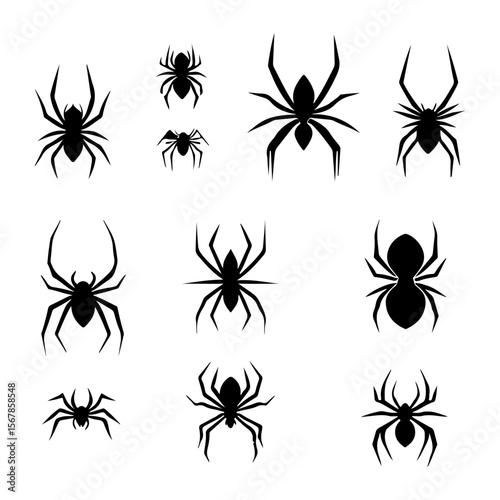 Collection of stylized black spider silhouettes on a white background graphic