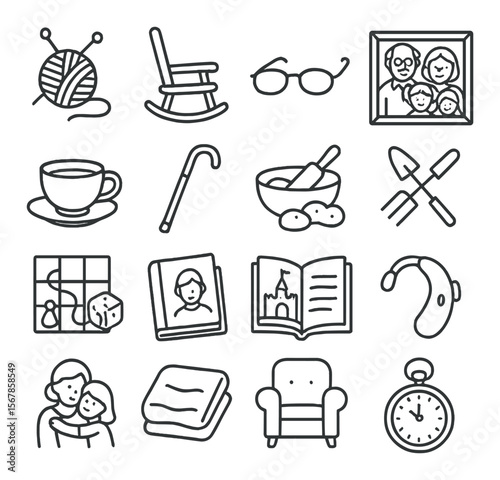 Grandparent life collection, nostalgic icons. elderly lifestyle and family memories set