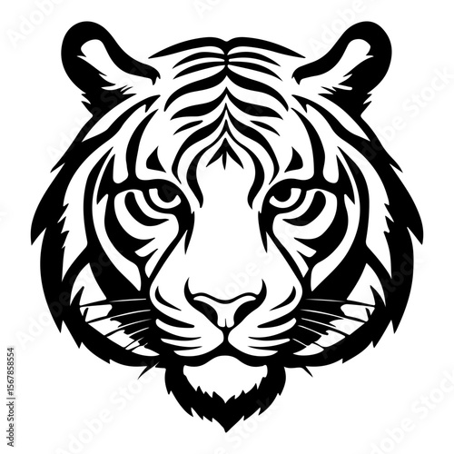 Striking black and white tiger face graphic with bold tribal style