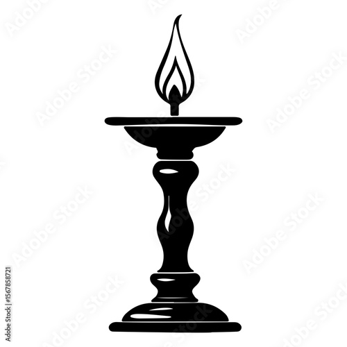 Elegant black and white illustration of a lit candle on a stand