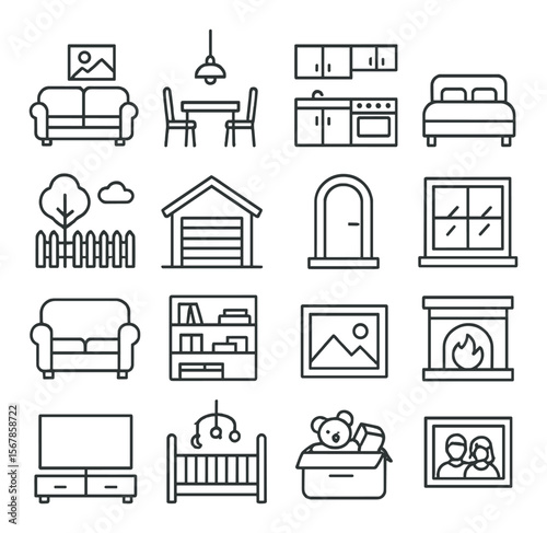 Family home icon collection, simple and minimalist set for domestic and household themes