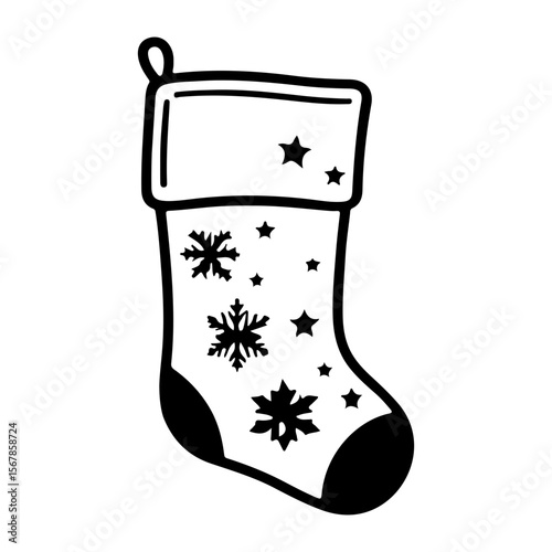 Whimsical Christmas Stocking with Snowflake and Star Accents in Bold Outline Style