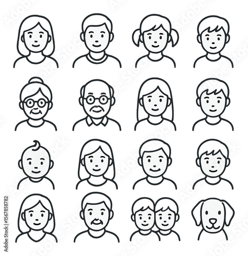 Family icons collection, simple line portraits. people and pet symbol set for design