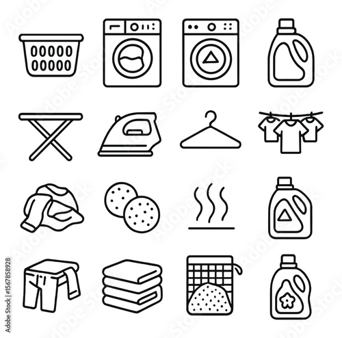 Laundry room essentials collection, washing and cleaning icons. laundry symbols set