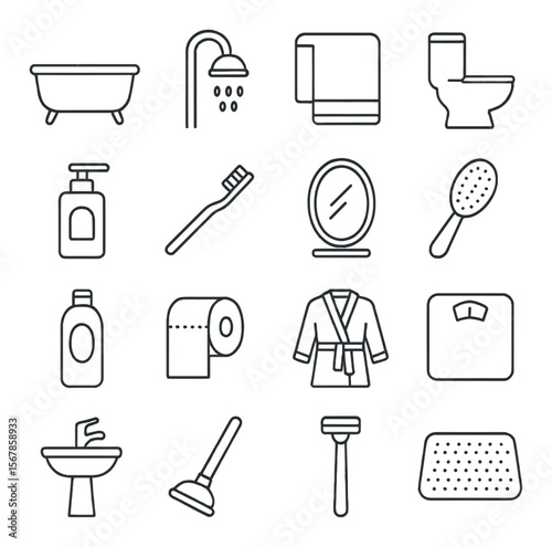 Bathroom essentials icon collection, home and hygiene symbols. bath and shower design set