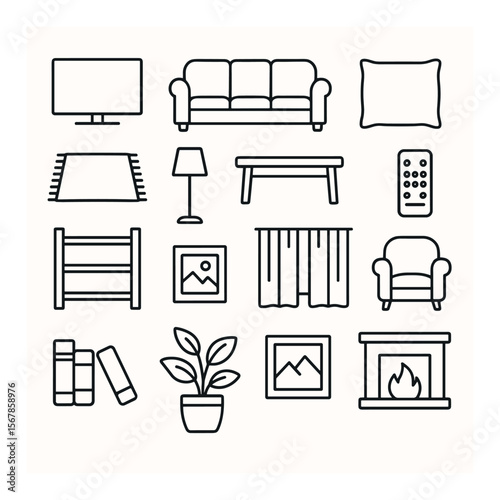 Living room collection, home decor symbols. interior and furniture design set